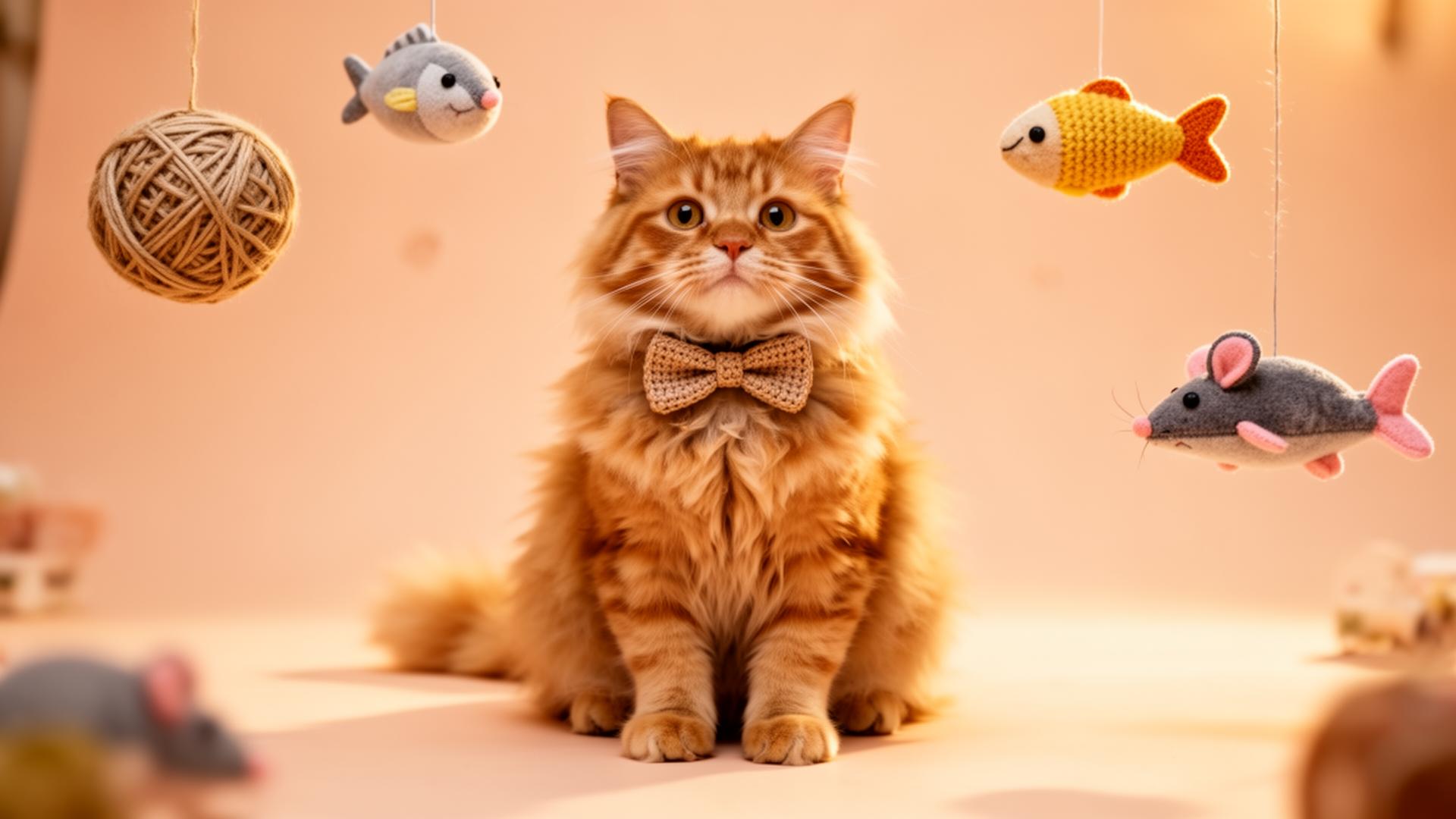 A whimsical ginger cat surrounded by floating toys