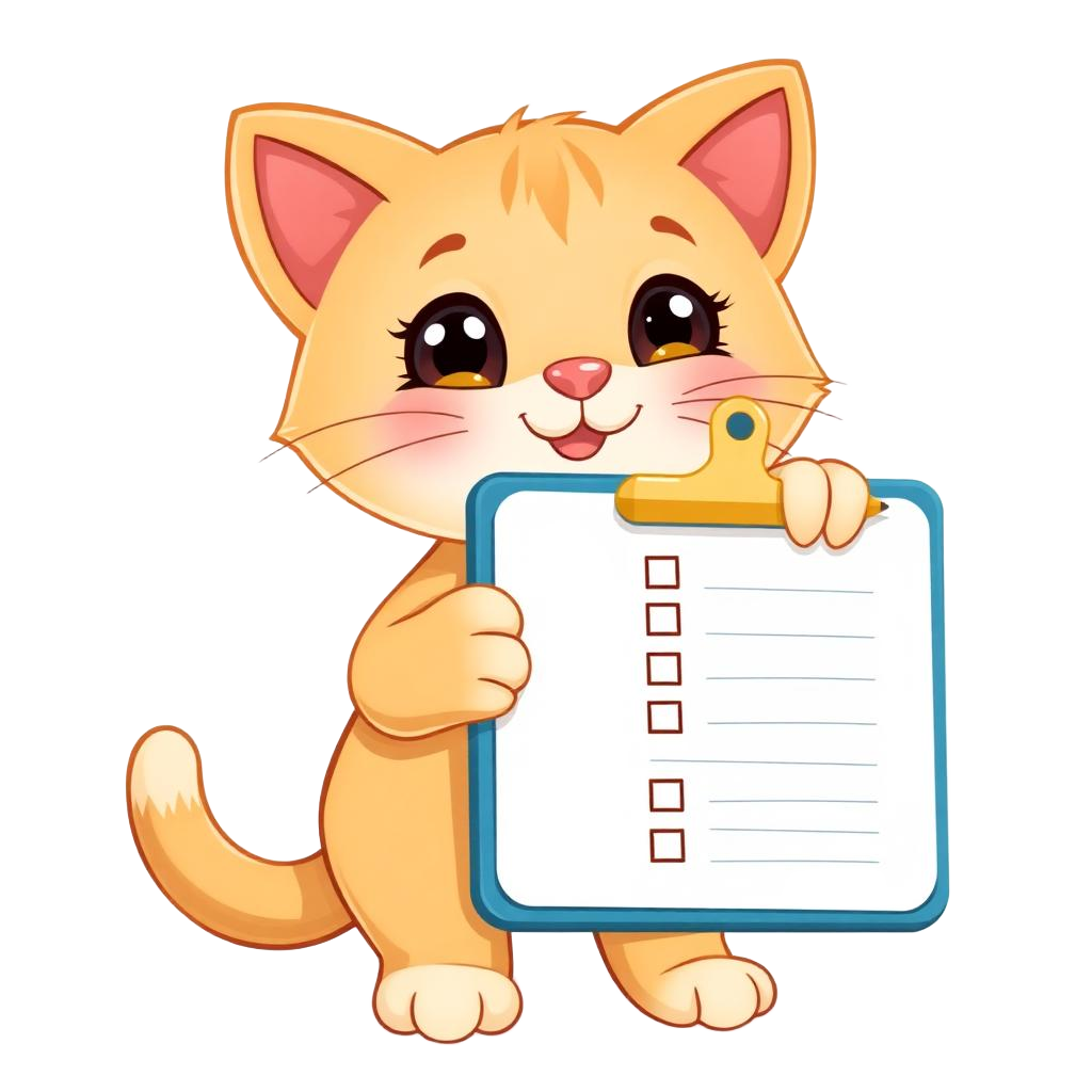 Friendly kitten mascot holding a quiz clipboard
